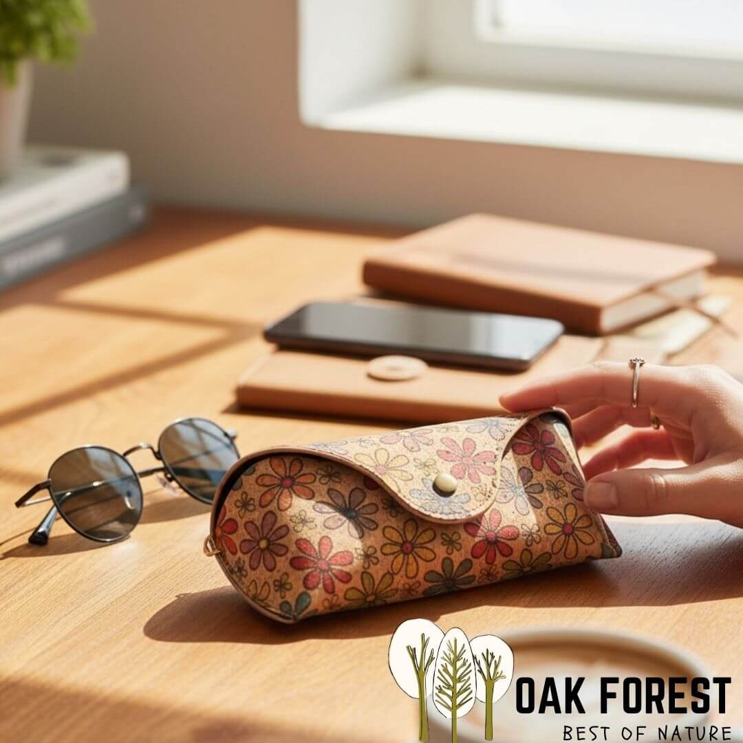etui lunettes vegan en liège motif fleuri sur bureau en bois