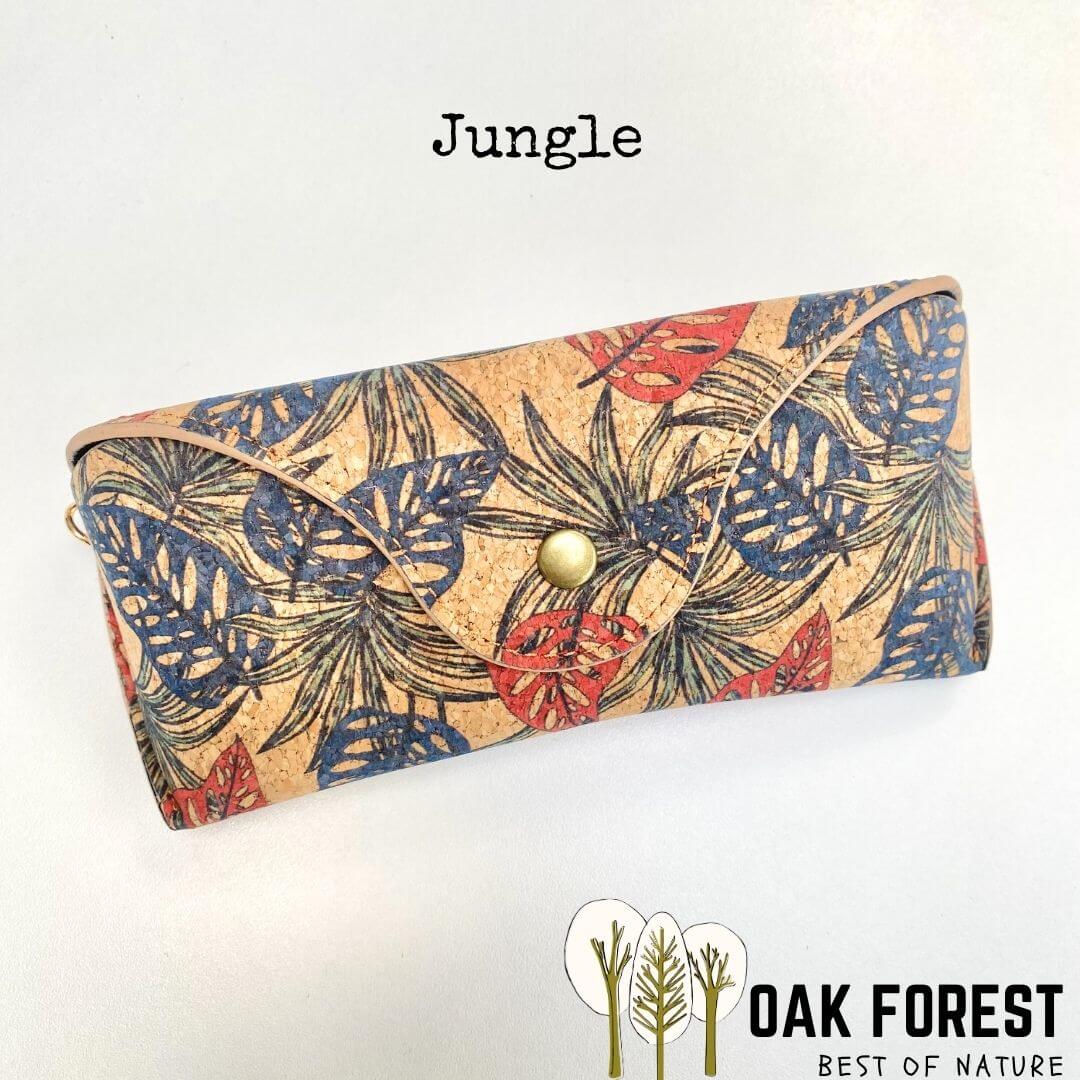 Étui à lunettes semi rigide en liège motif feuilles de jungle avec attache porte-clés Oak Forest