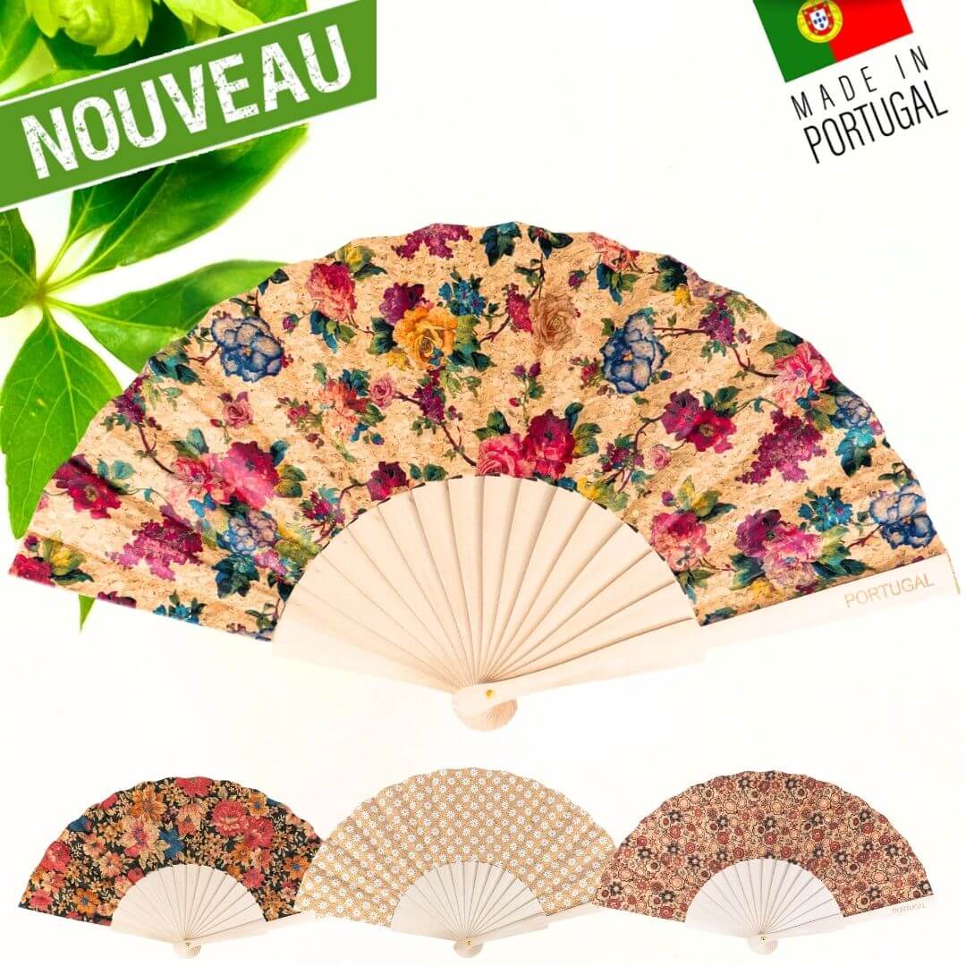 eventail femme vegan - éventail en liège - éventail artisanal - éventail bois - idée cadeau femme - idée cadeau fête des mères - éventail espagnol - eventail fleuri - éventail - ventilation été - éventail pour femme - joli éventail en liège - 