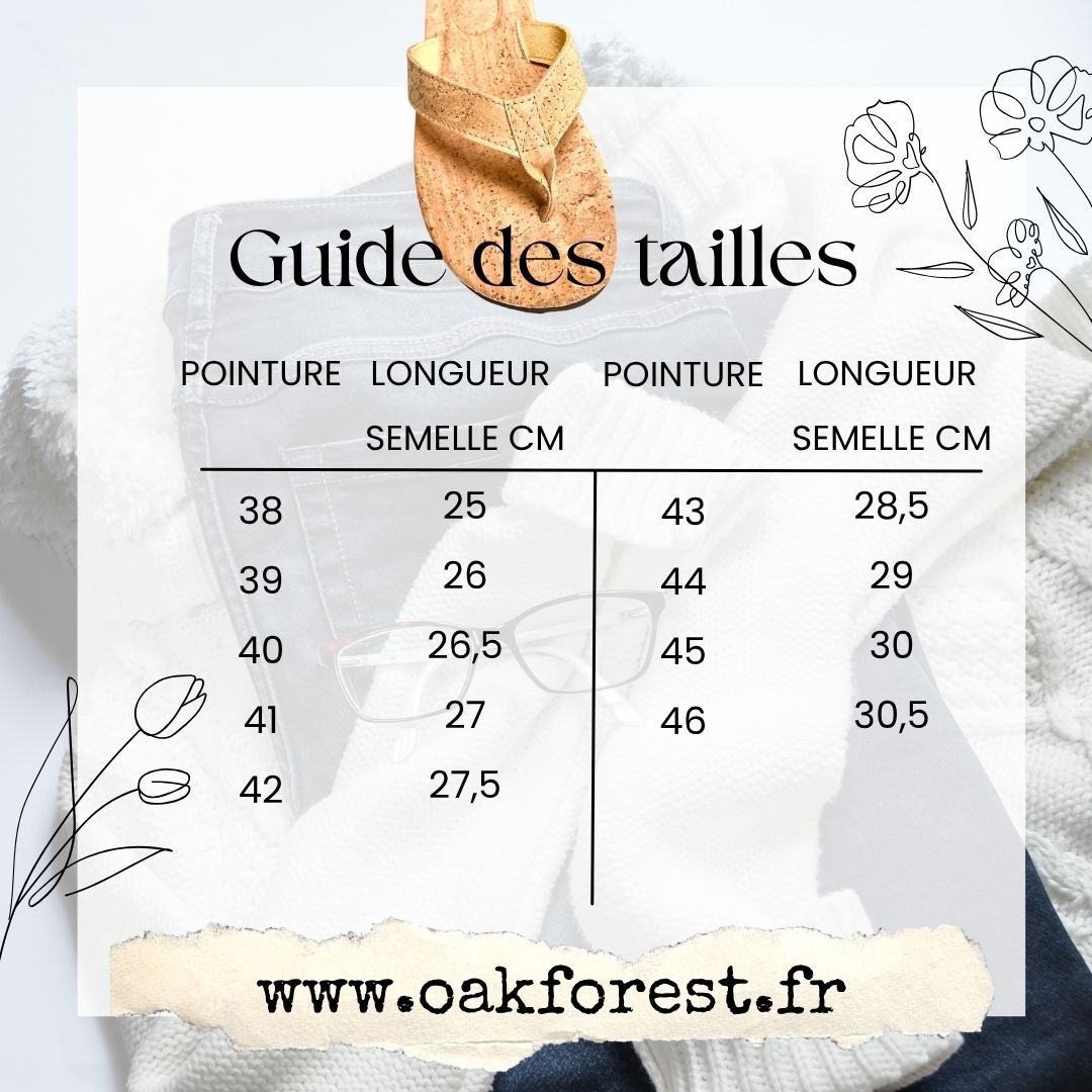 guide des tailles pour tongs en liège bande large