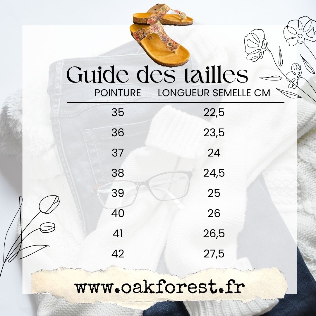 Guide des tailles pour sandales Birk Flower Power OAK Forest – du 35 au 42