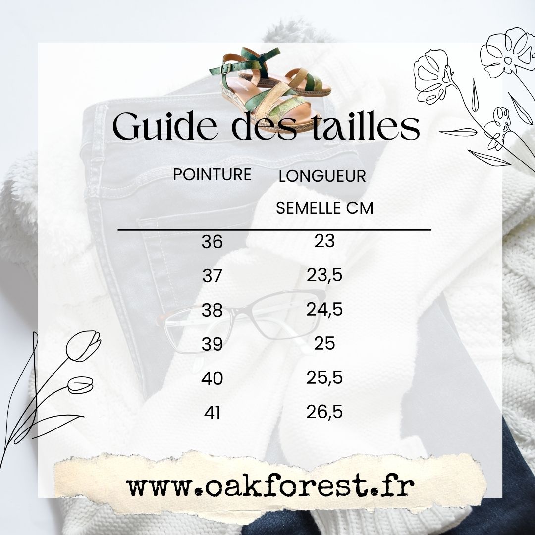 guide des tailles-pointures sandales femme vegan Roma verte