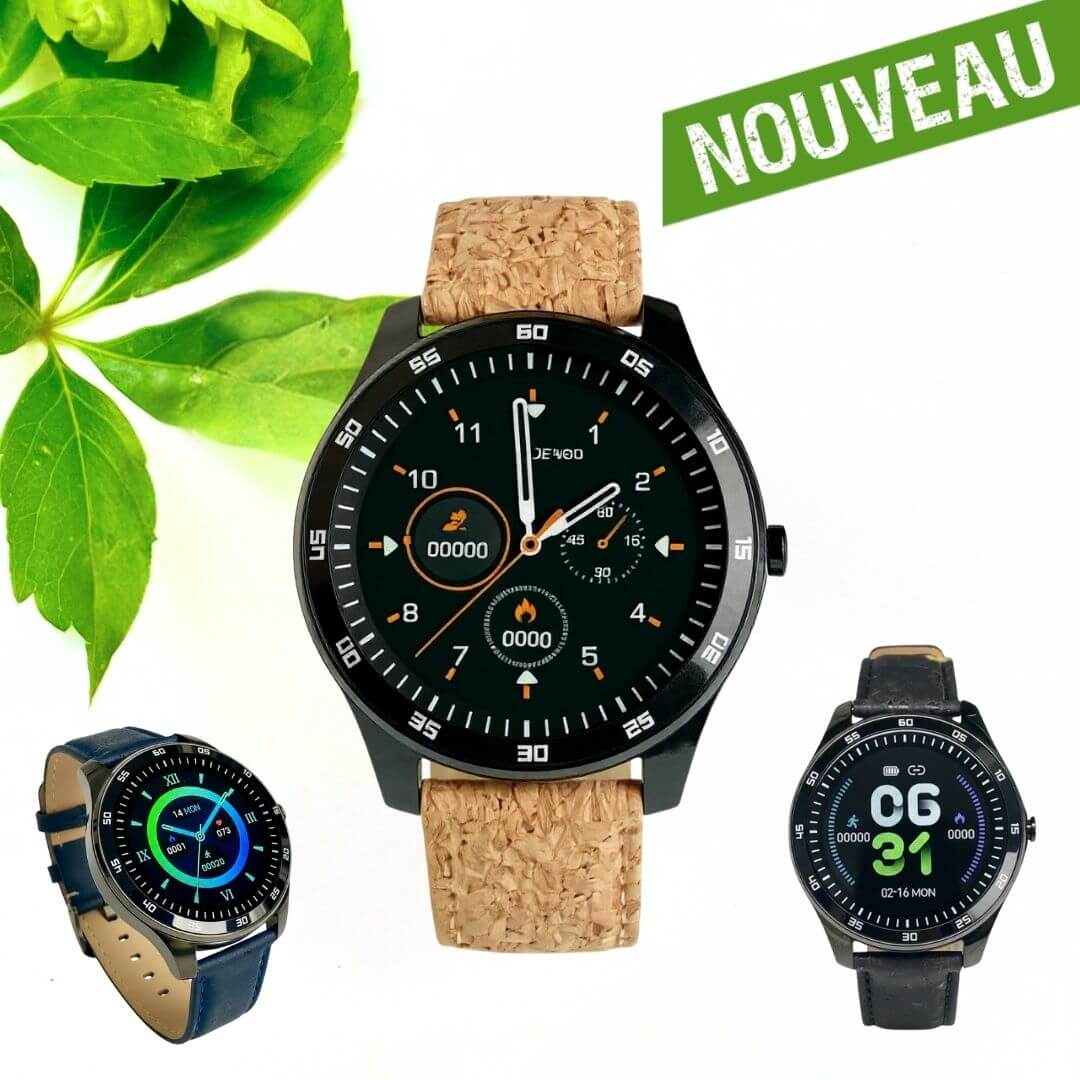 Montre connectée en liège artisanale "Silver-Black"