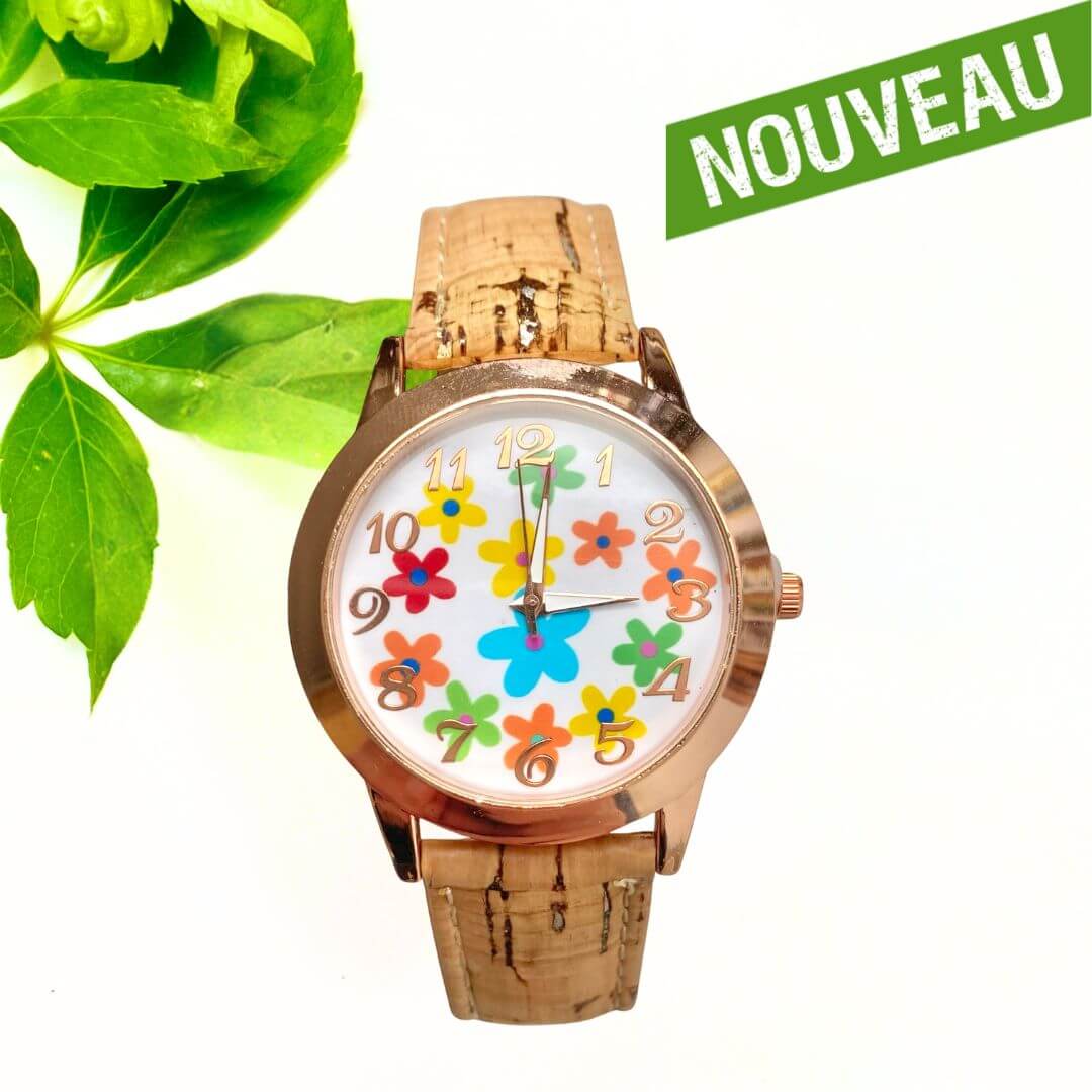 montre vegan en liege - montre liege portugal - montre cuir végétal - montre mixte - montre femme - montre homme - montre naturel pas cher - montre femme vegan en liege rose - montre blanche - montre japon - montre femme flower - montre hippie vegan