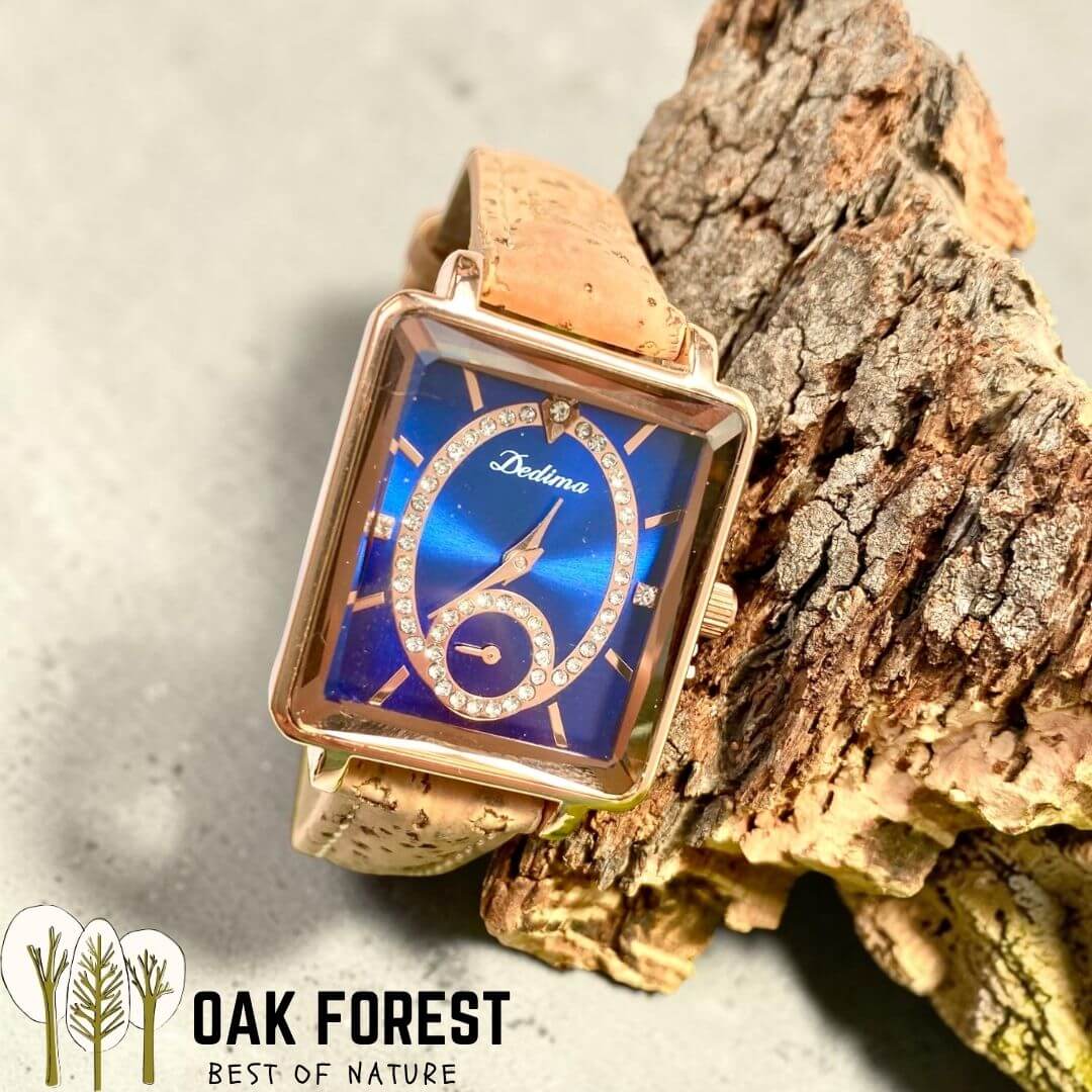 Montre Carré Cuivré cadran bleu profond or rose avec strass, bracelet liège naturel