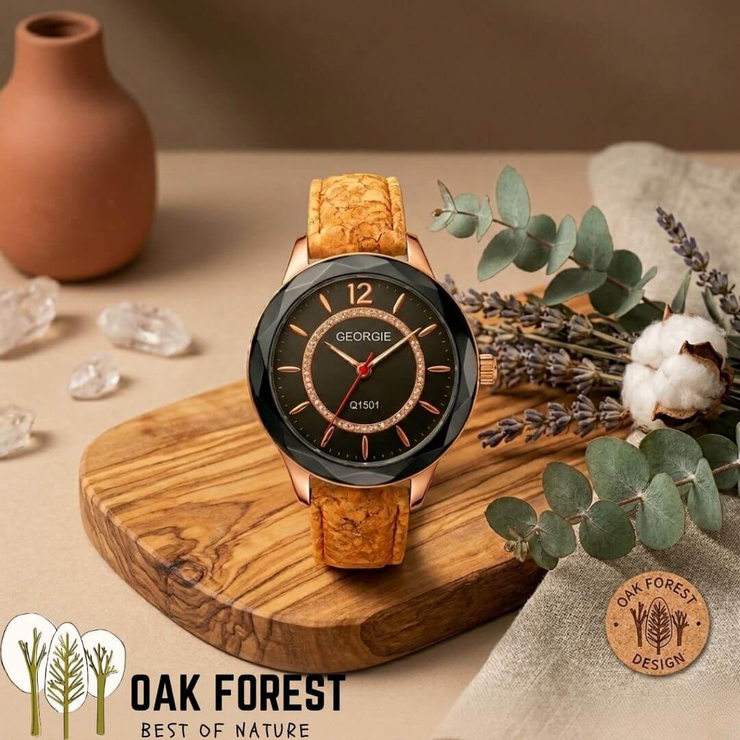 Montre liège vegan pour femme avec cadran noir biseauté comme un diamant 