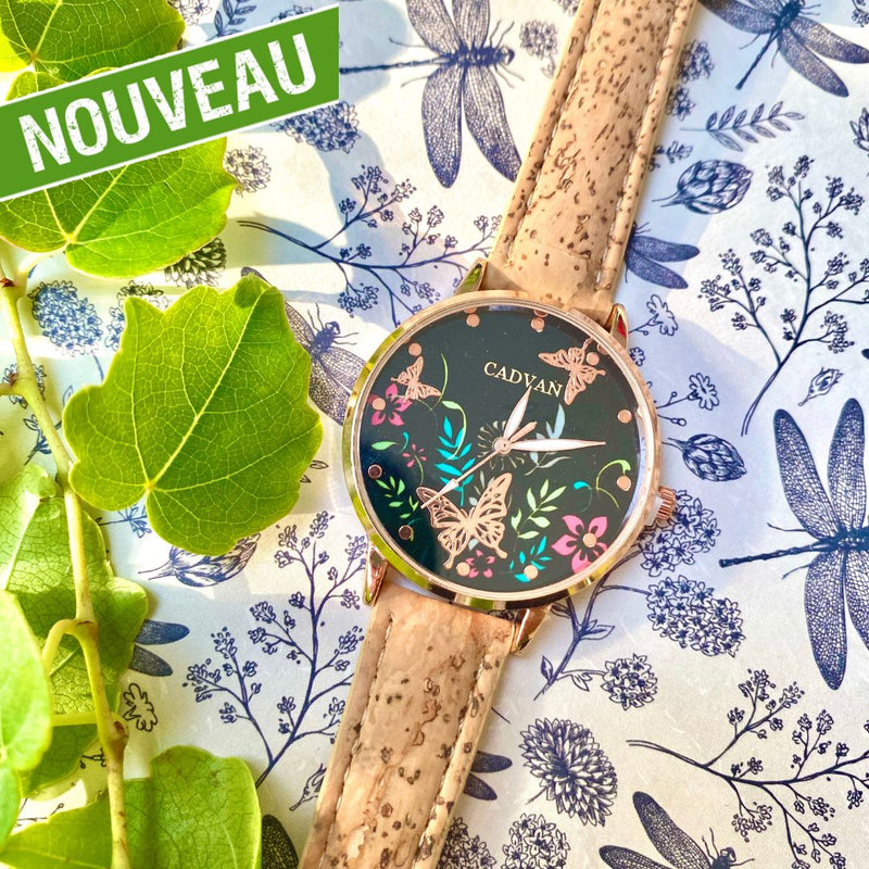 montre vegan en liege - montre liege portugal - montre cuir végétal - montre mixte - montre femme - montre homme - montre naturel pas cher - montre femme vegan en liege rose - montre papillon - montre butterfly - montre femme papillons