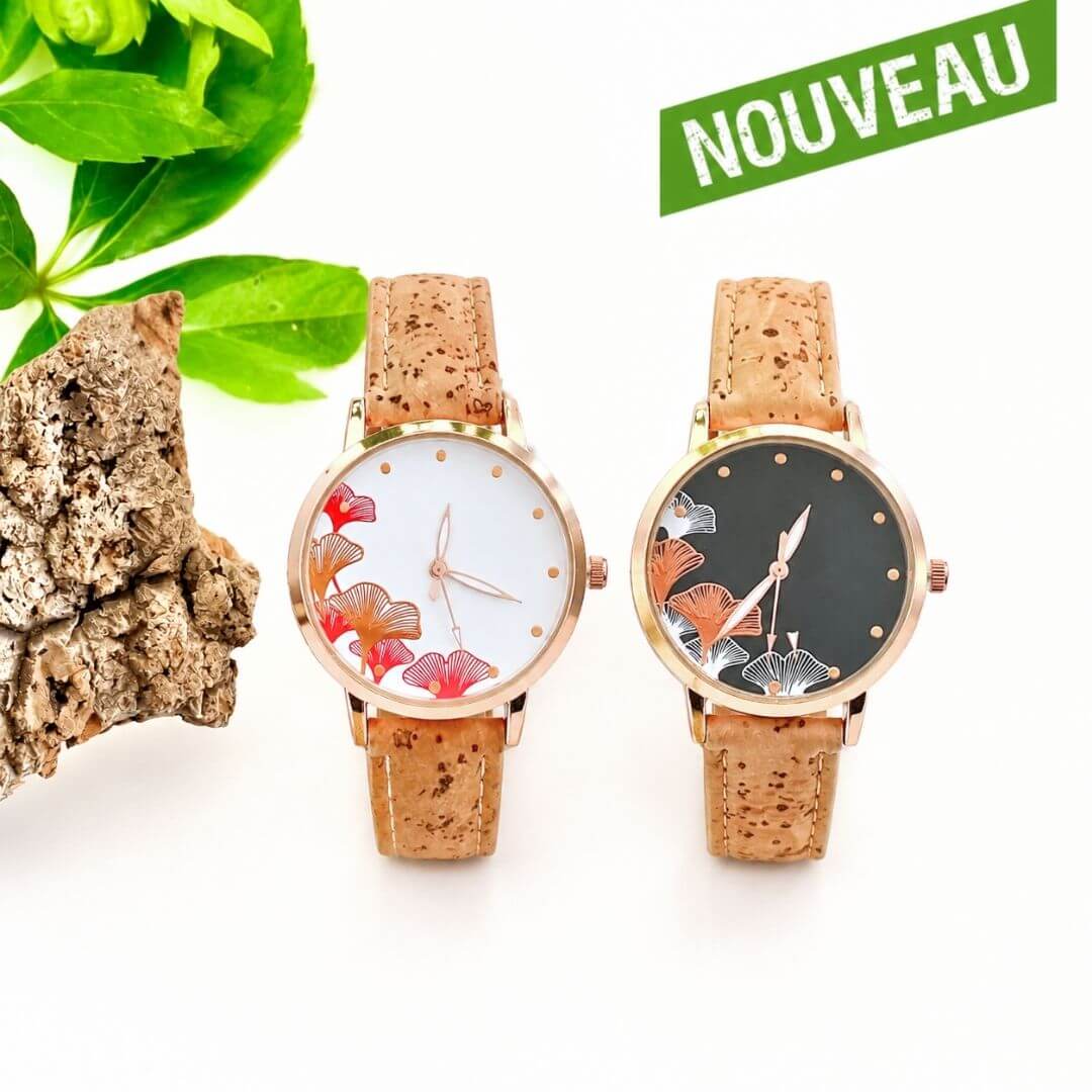 montre vegan en liege - montre liege portugal - montre cuir végétal - montre mixte - montre femme - montre homme - montre naturel pas cher - montre femme vegan en liege rose - montre blanche - montre japon - montre femme ginkgo