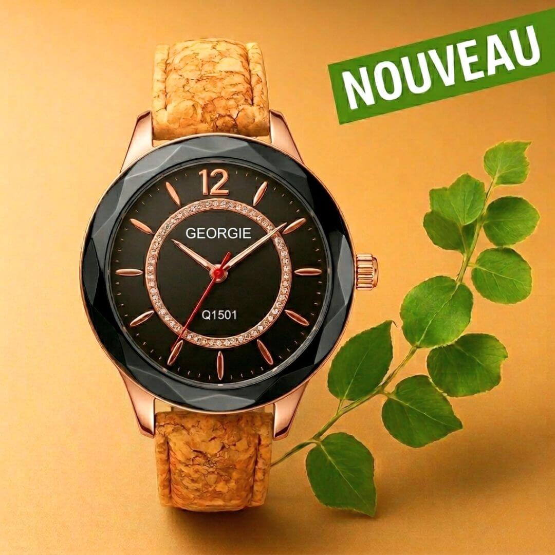 montre femme en liège vegan, cadran noir et strass brillant 