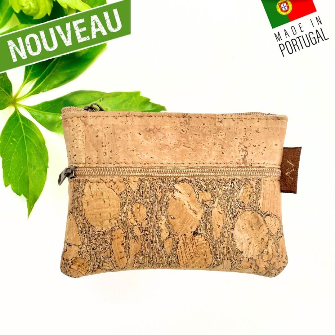 Petit porte-monnaie en liège naturel avec motifs nervurés bicolore double fermeture zippée Oak Forest