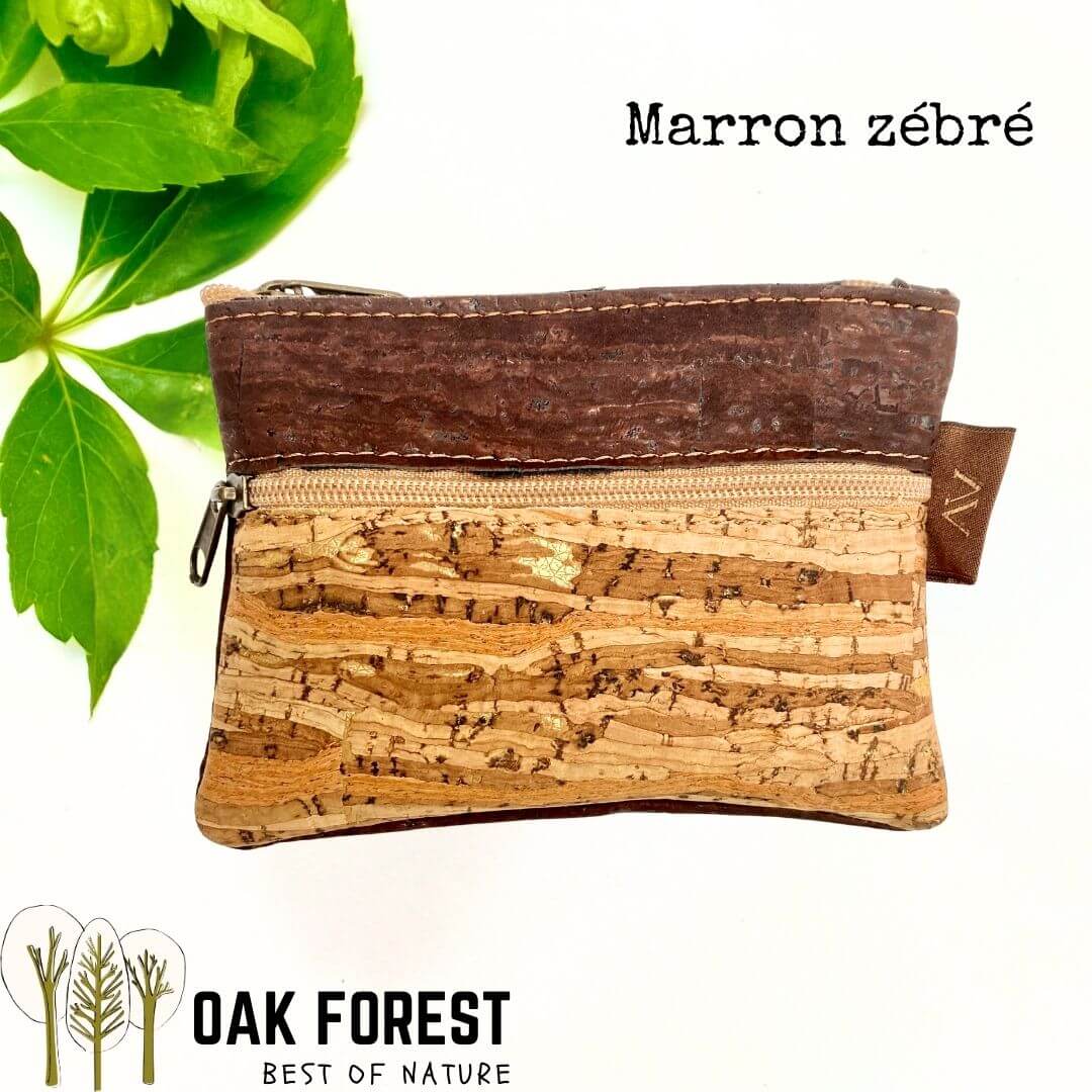 Porte-monnaie bicolore en liège marron foncé et motif zébré naturel avec deux poches zippés 