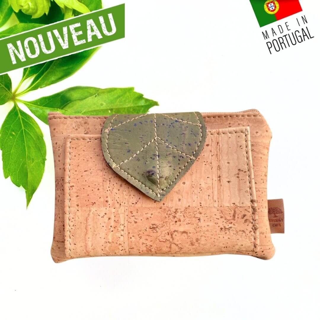 Porte-monnaie compact en liège naturel avec feuille décorative cousue en liège vert — modèle Feuille