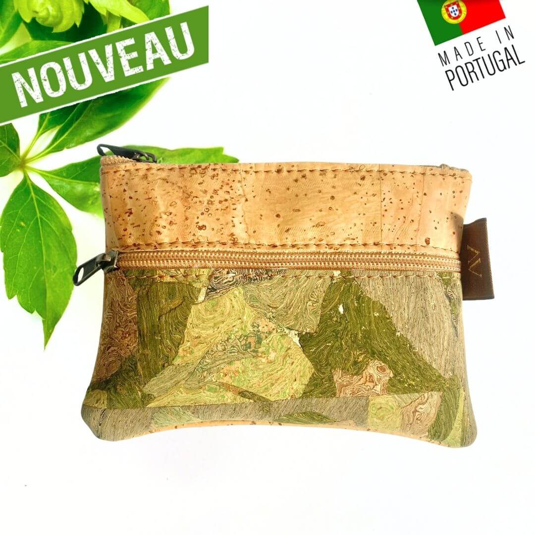 Porte-monnaie Green Safari en liège naturel et liège marbré vert mousse vue de face deux poches zippées
