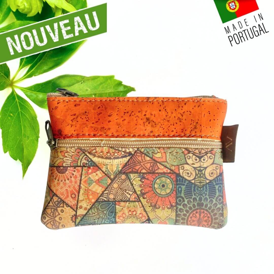 Porte-monnaie Safran en liège avec motif mandala multicolore et bandeau orange face avant deux poches zippées