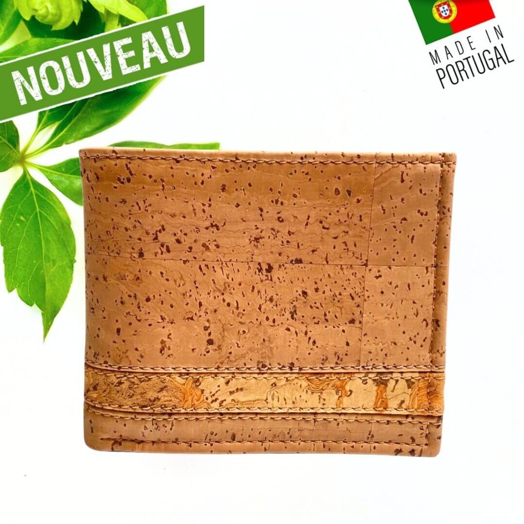 Portefeuille homme compact en liège naturel couleur camel, fermé, vue de face