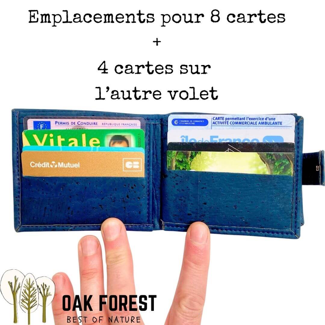 Portefeuille homme Dark Blue en liège ouvert montrant les 12 emplacements cartes sur les deux volets