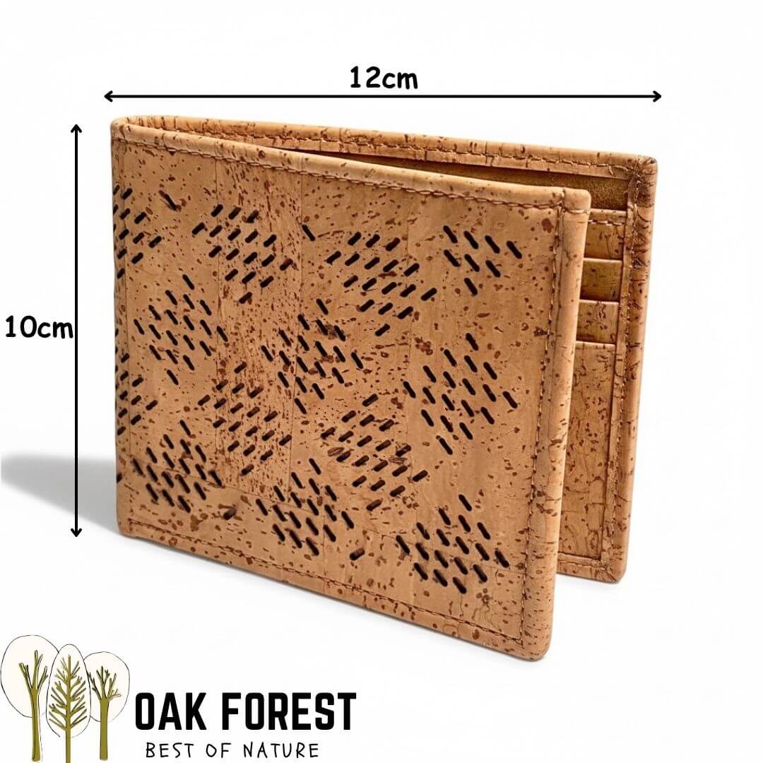 Portefeuille homme en liège naturel Persia avec motif perforé géométrique, dimensions 12 × 10 cm avec dimensions