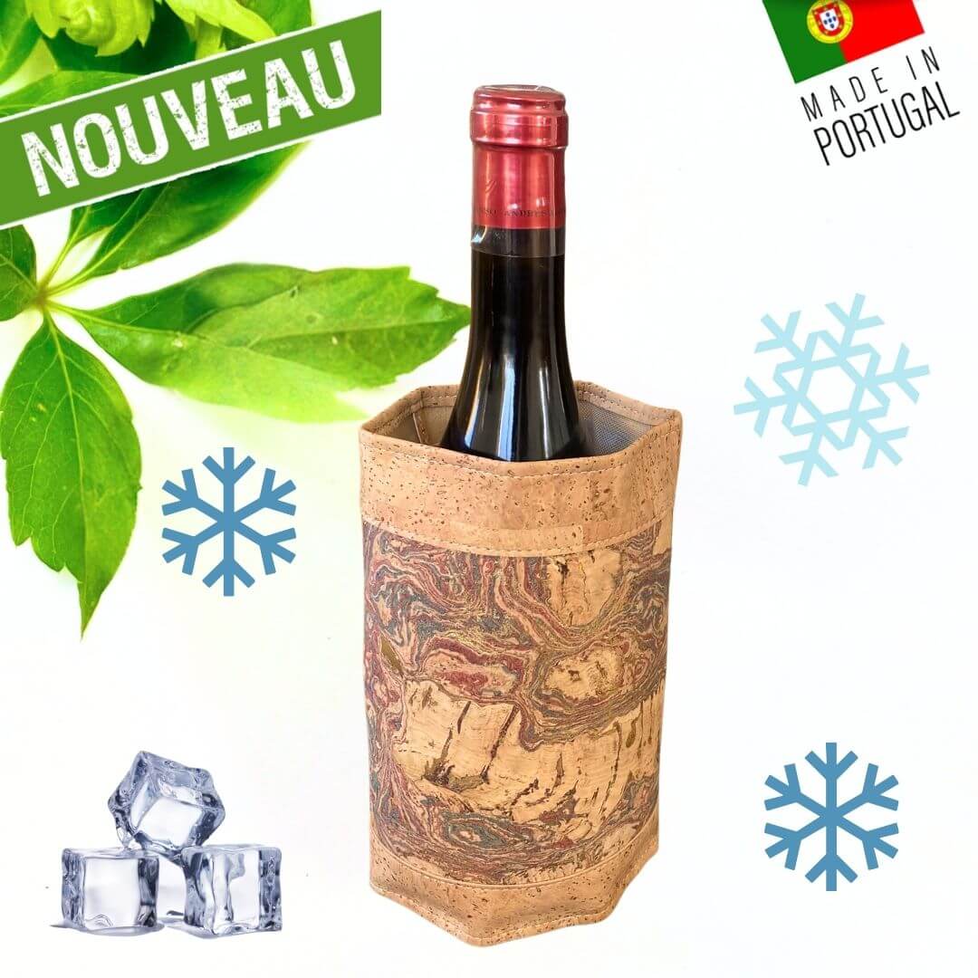 Rafraîchisseur Bacchus en liège marbré avec bouteille de vin rouge — fonction rafraîchissante