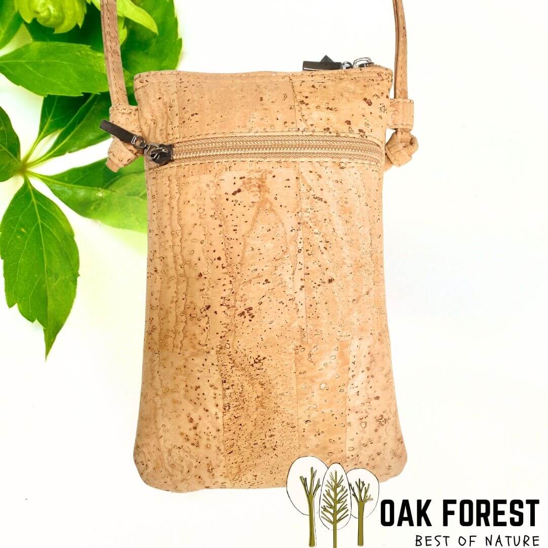sac bandoulière femme téléphone portable en liège naturel avec sa poche arrière 