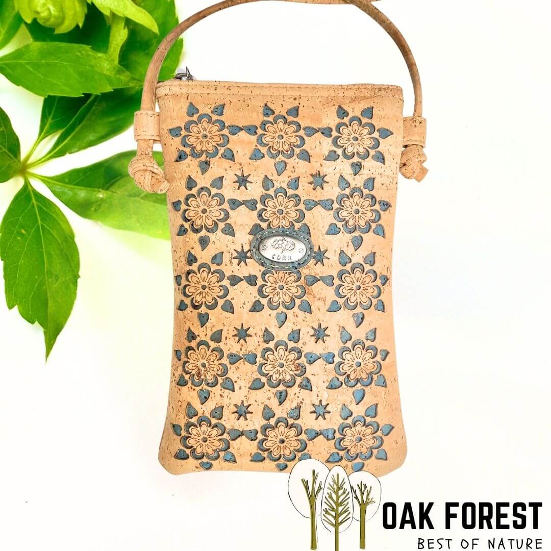 sac bandoulière téléphone portable en liège naturel et bleu fleuri