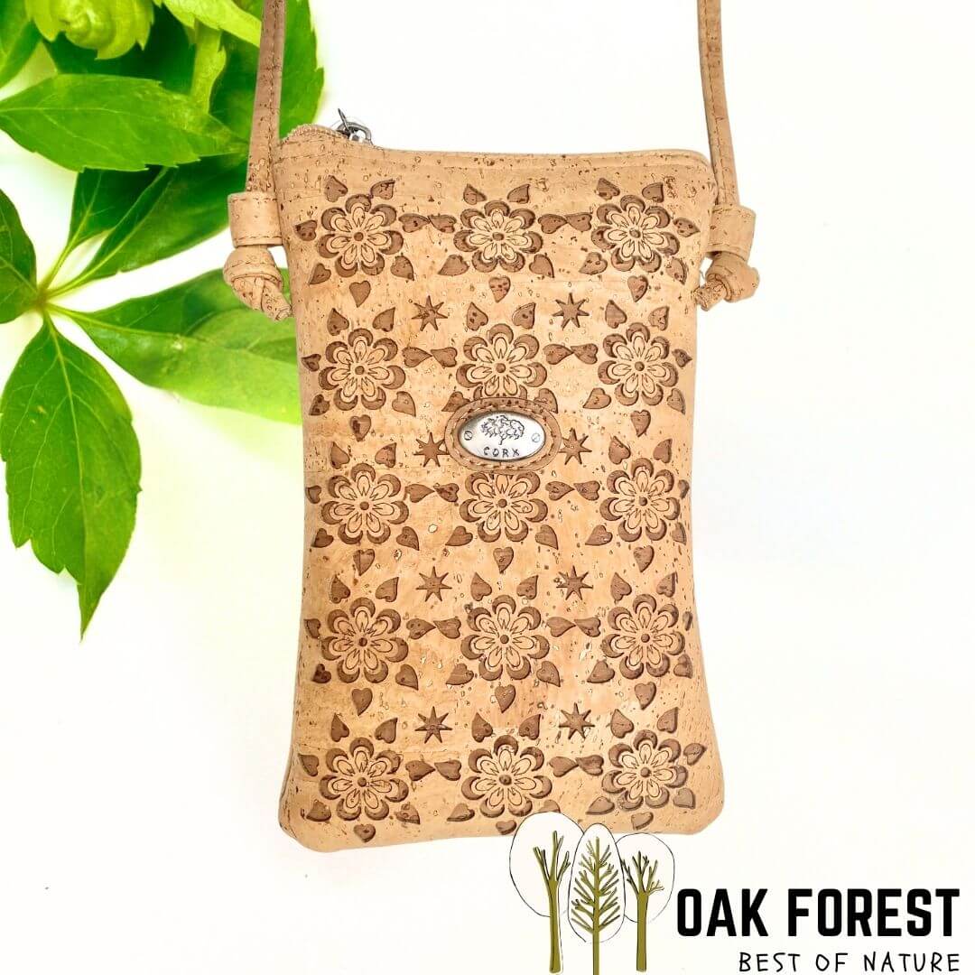 sac bandoulière téléphone portable en liège naturel fleuri pour femme