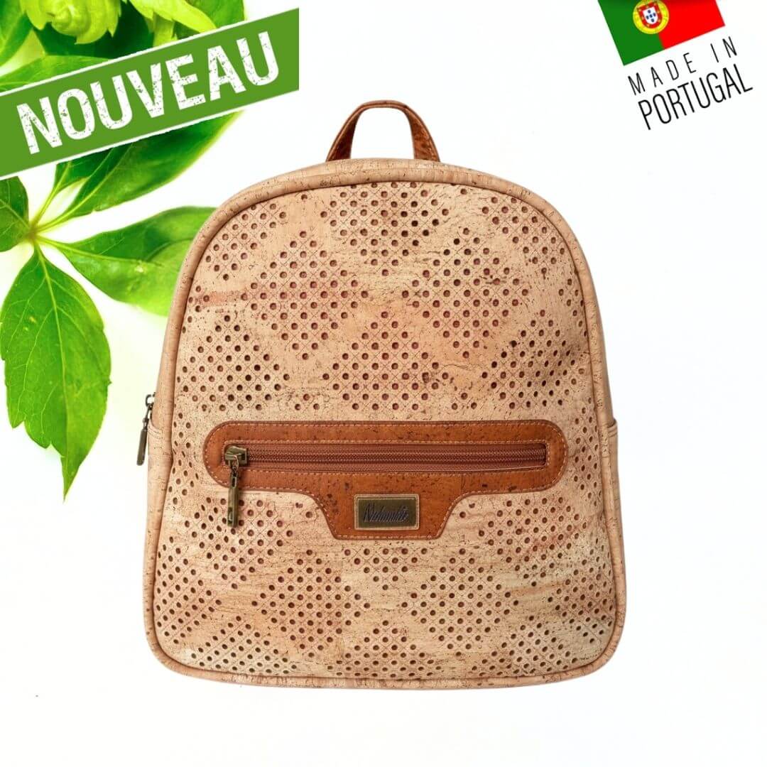 Sac à dos Escapade en liège perforé motif losanges avec poche avant zippée — vue de face