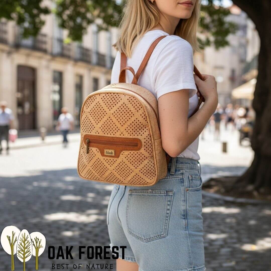 Femme portant le sac à dos en liège perforé Escapade en milieu urbain avec t-shirt blanc et jean