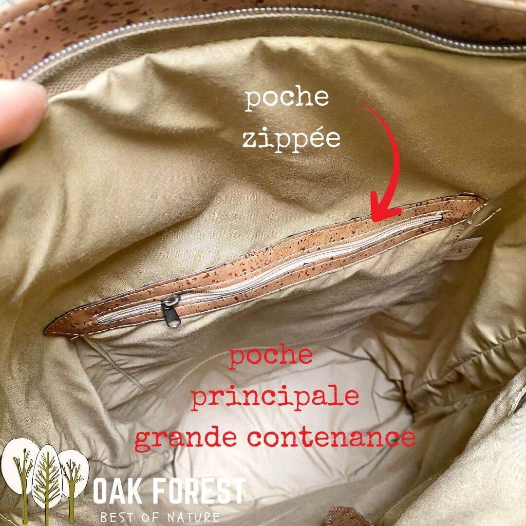 Intérieur du sac à dos en liège Camouflage avec grand compartiment et poche zippée
