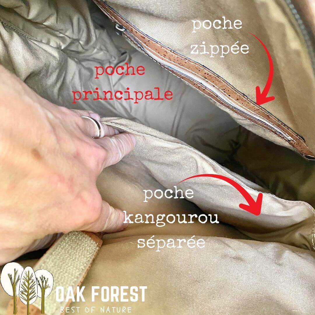 Compartiment séparé à scratch et poche zippée à l'intérieur du sac à dos en liège Camouflage