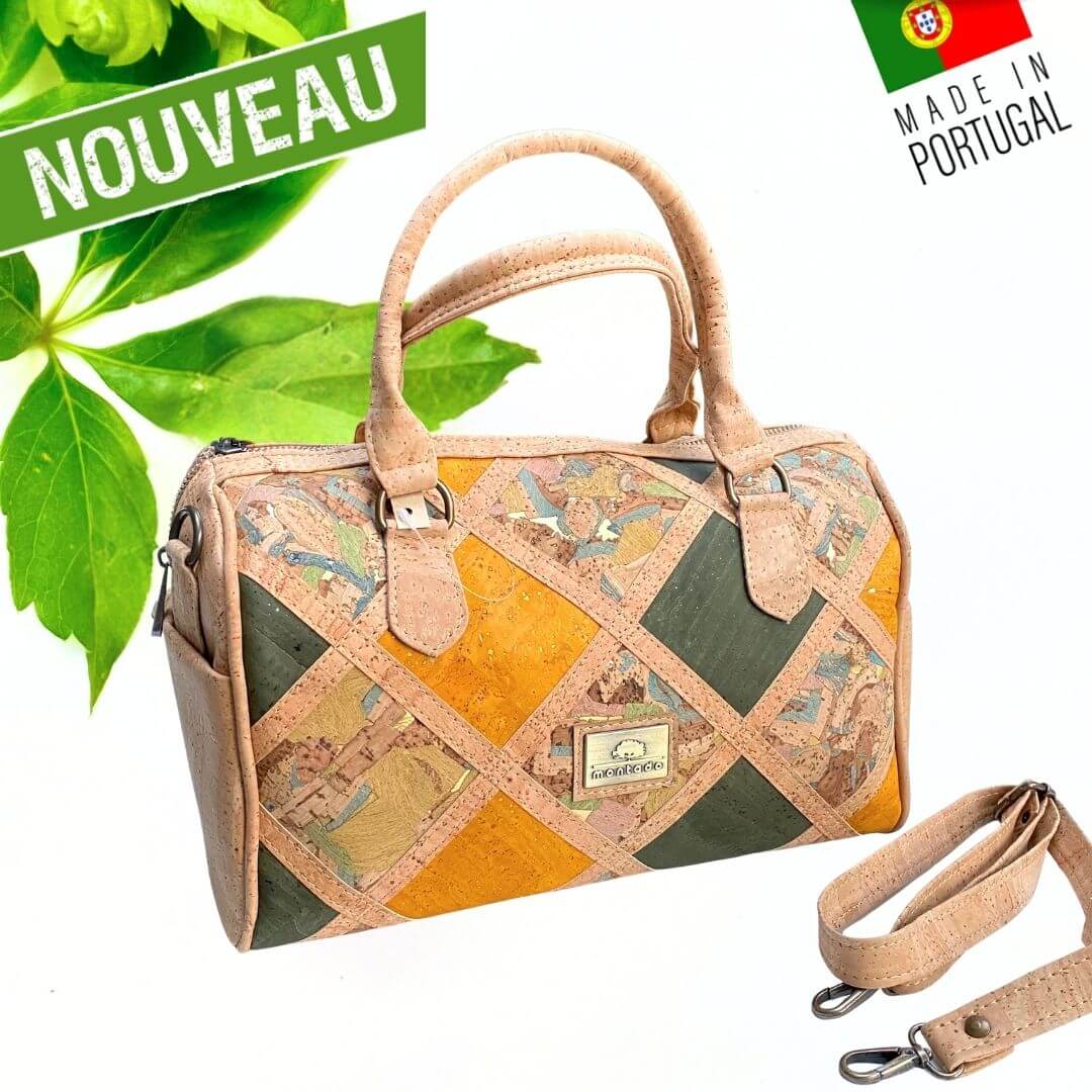 Sac bowling Arlequin en liège patchwork losanges multicolores vue de face avec bandoulière amovible