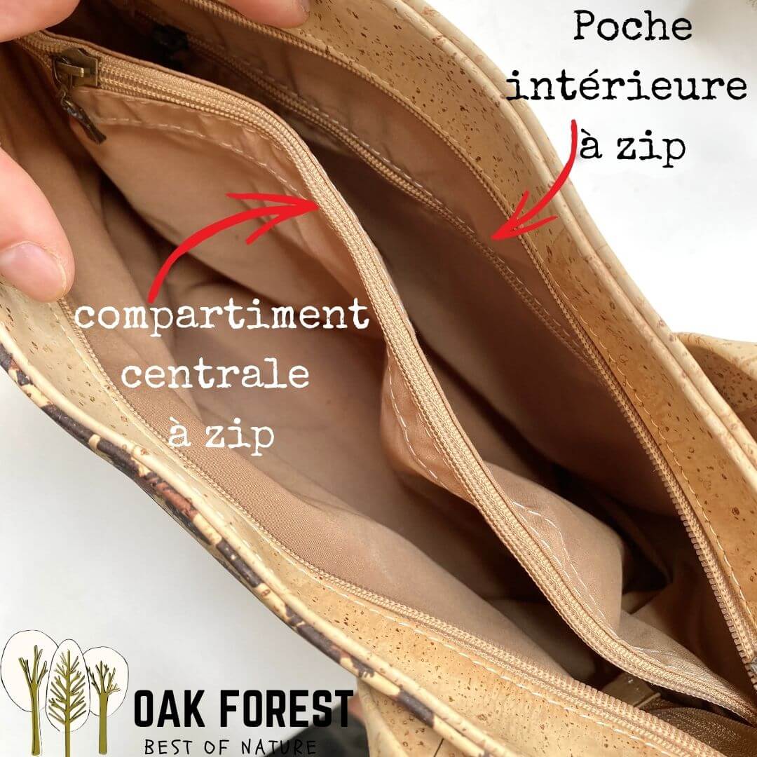 Intérieur du sac femme vegan Savane en liège naturel uni avec poche zippée et bandoulière amovible