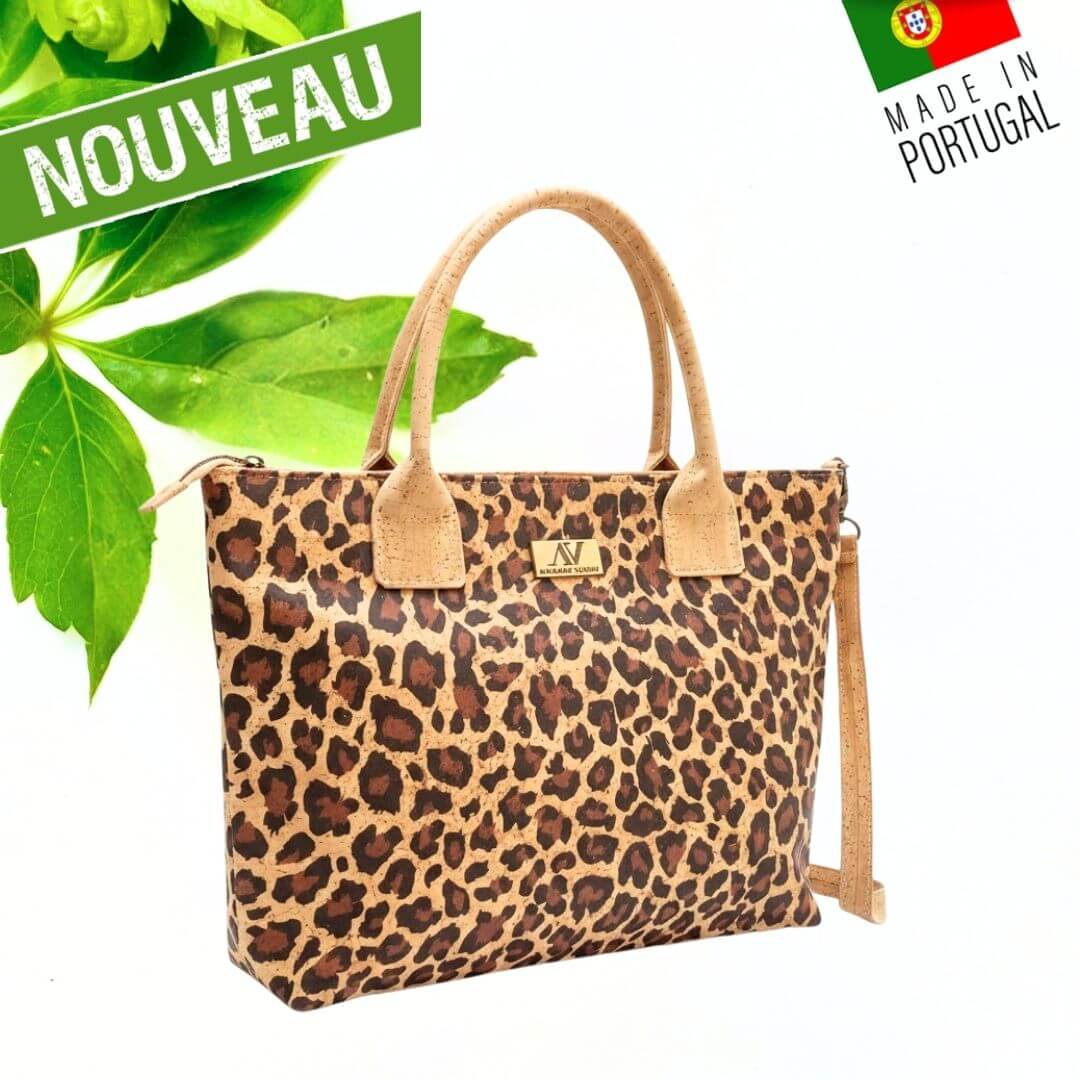 Sac à main en liège imprimé léopard avec anses en liège naturel — modèle Savane vue de face