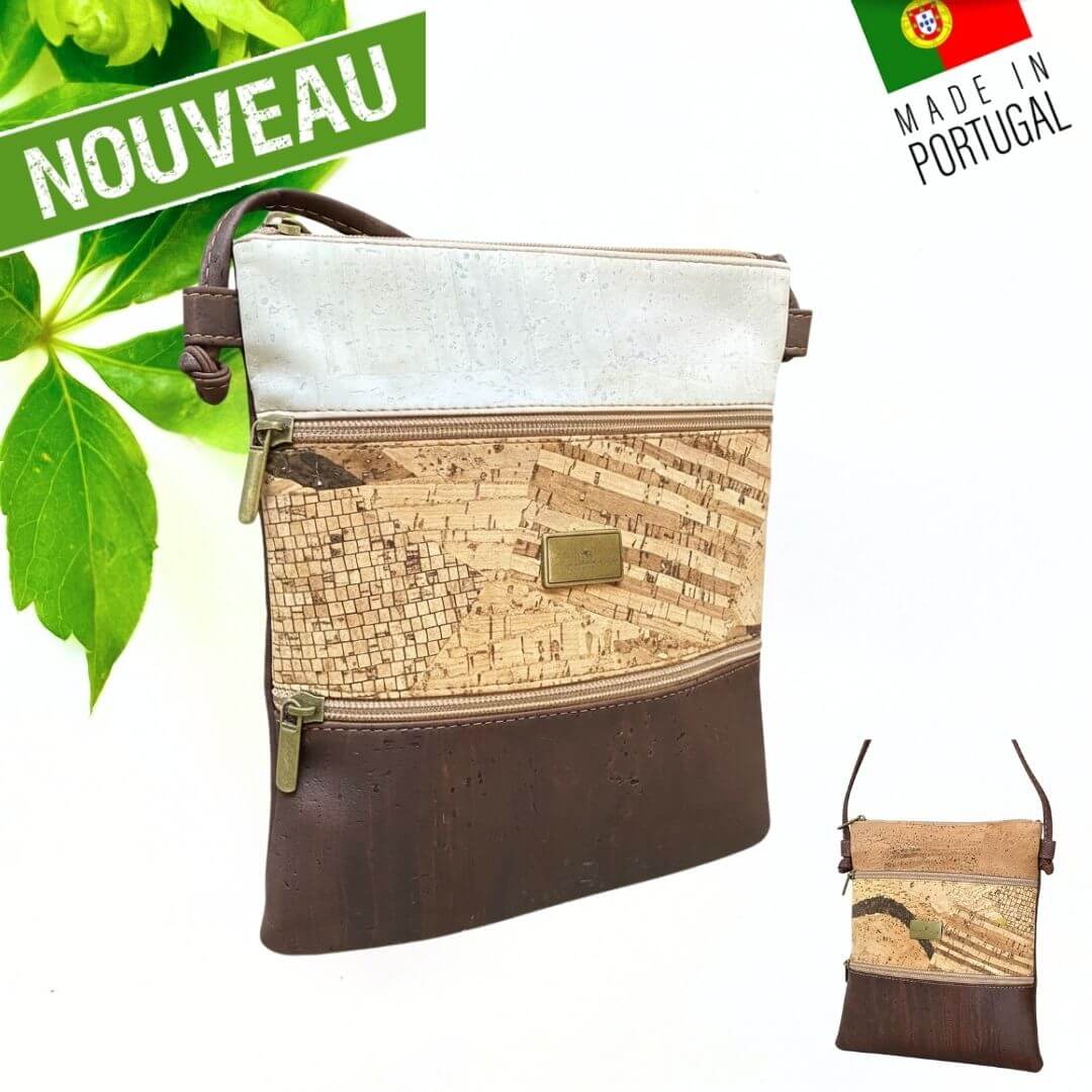 Sac bandoulière Calçada vu de profil avec ses poches zippées et sa mosaïque de liège