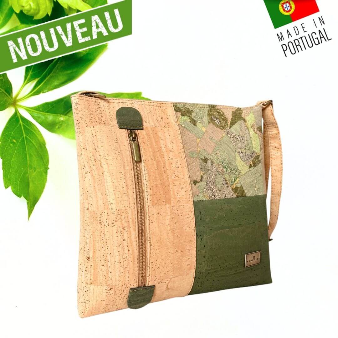 Sac bandoulière en liège Square kaki et naturel, vue de face avec poche zippée