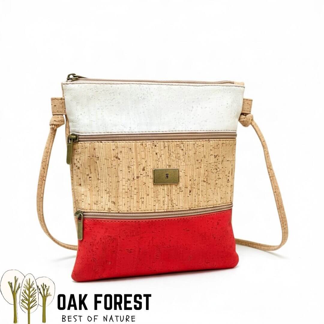 Sac bandoulière Trilogia en liège blanc, liège naturel rayé et base rouge, trois poches zippées en façade