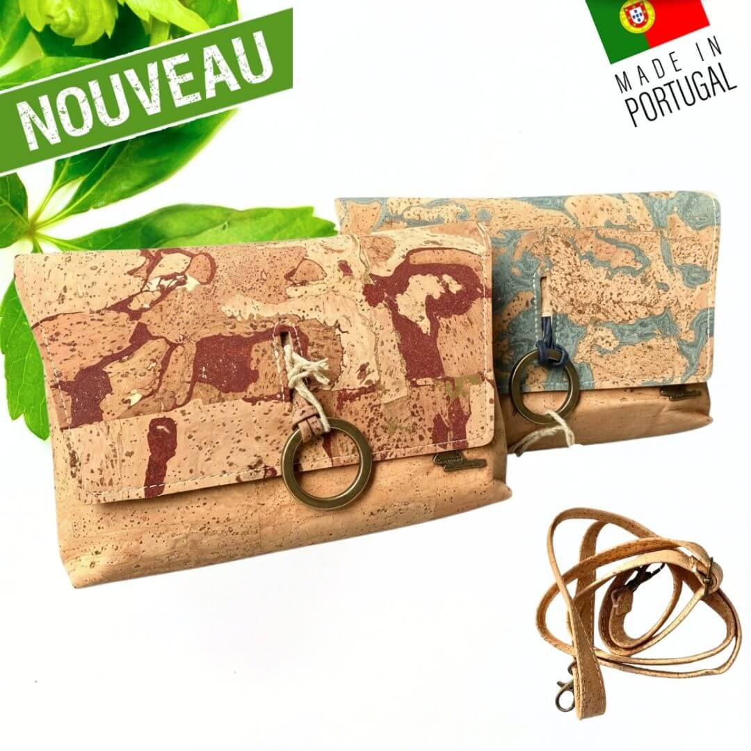 Sacs Argola en liège marbré terracotta et bleu ardoise avec anneau bronze et sangle amovible