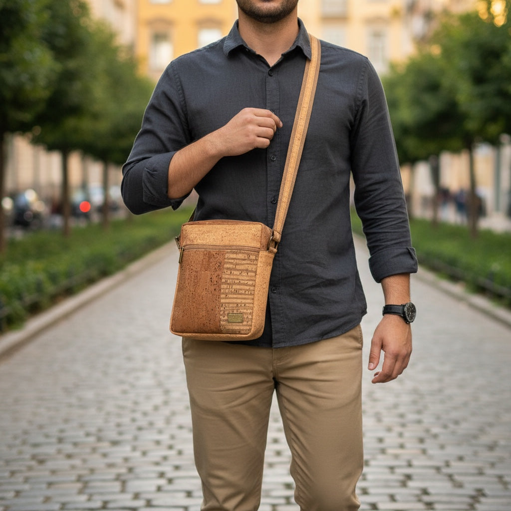Sacoche homme vegan Street Camel en liège portée en travers du corps