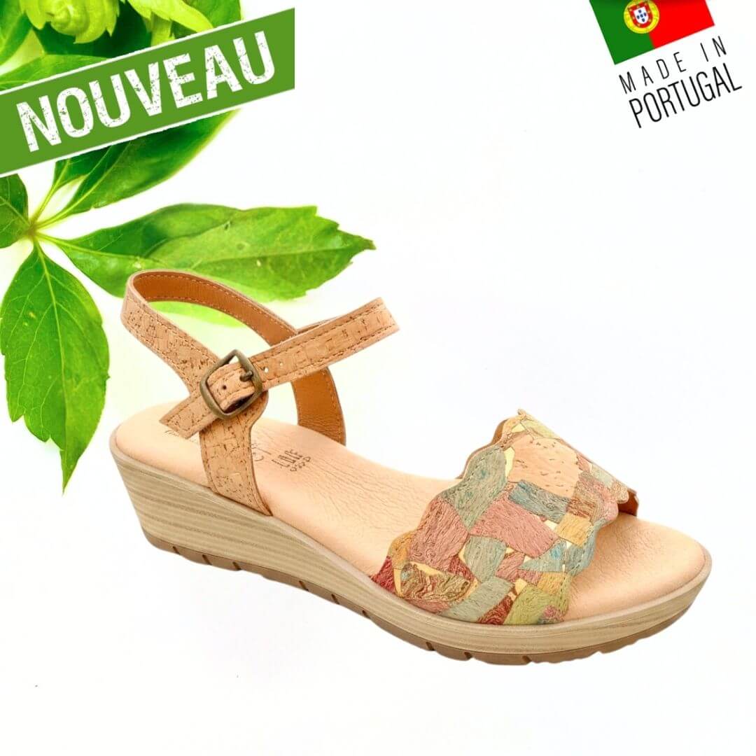Sandale compensée en liège patchwork multicolore avec bride à boucle en liège naturel — modèle Mosaïque Montado