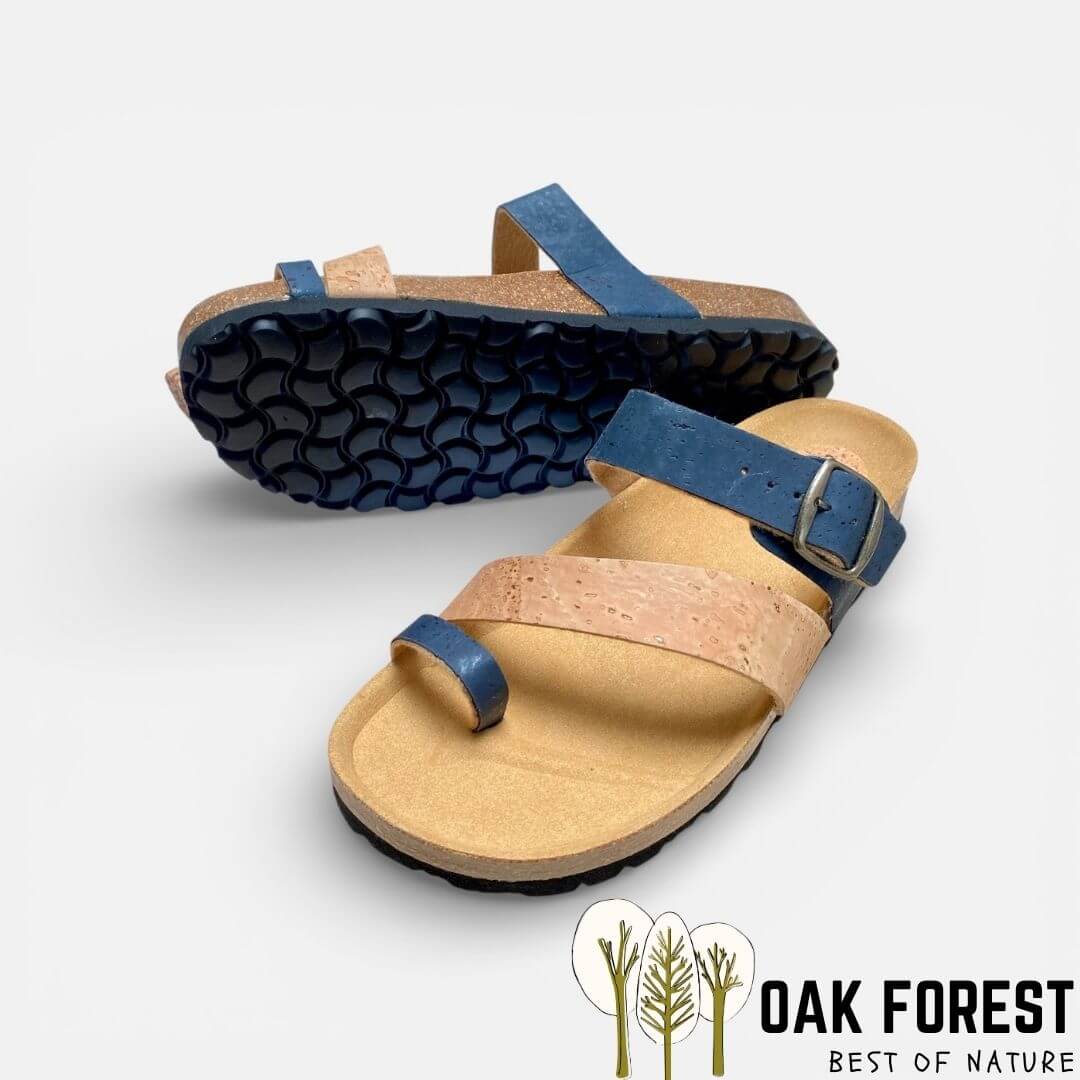 Semelle ergonomique en liège naturel et bride bleue marine réglable