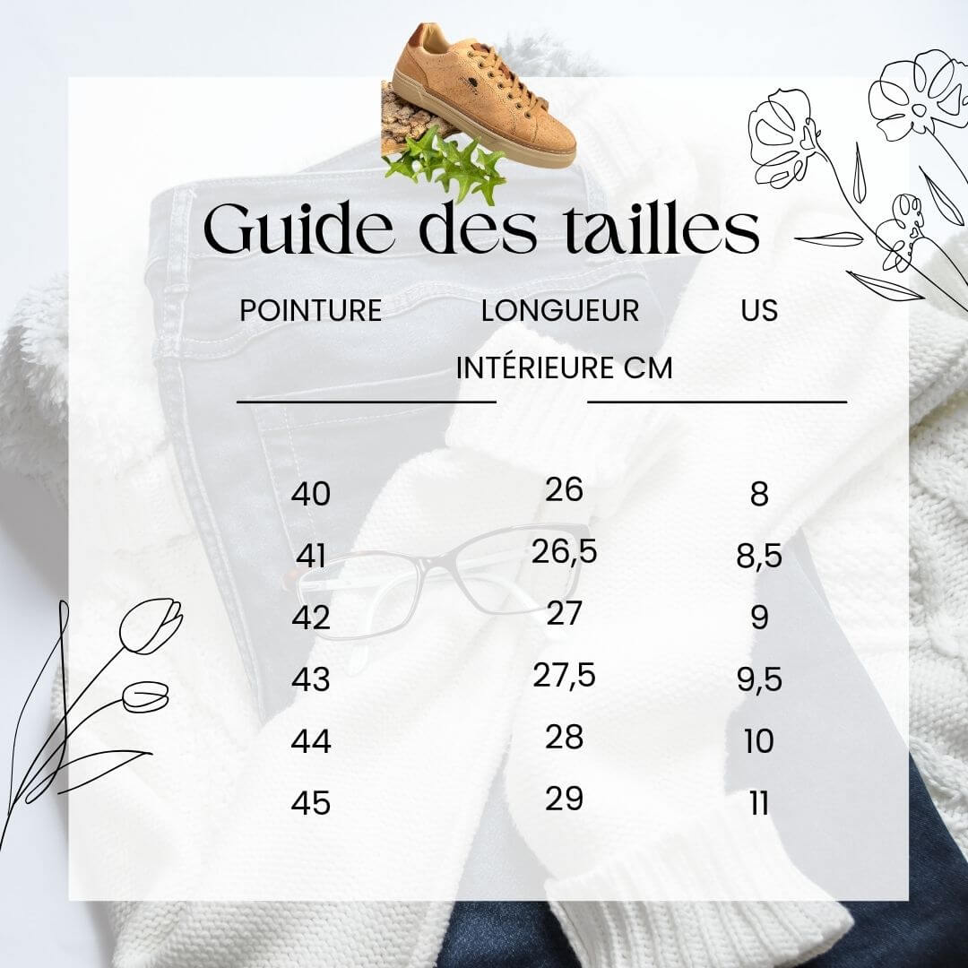 guide des tailles sneackers porto pour homme en liège