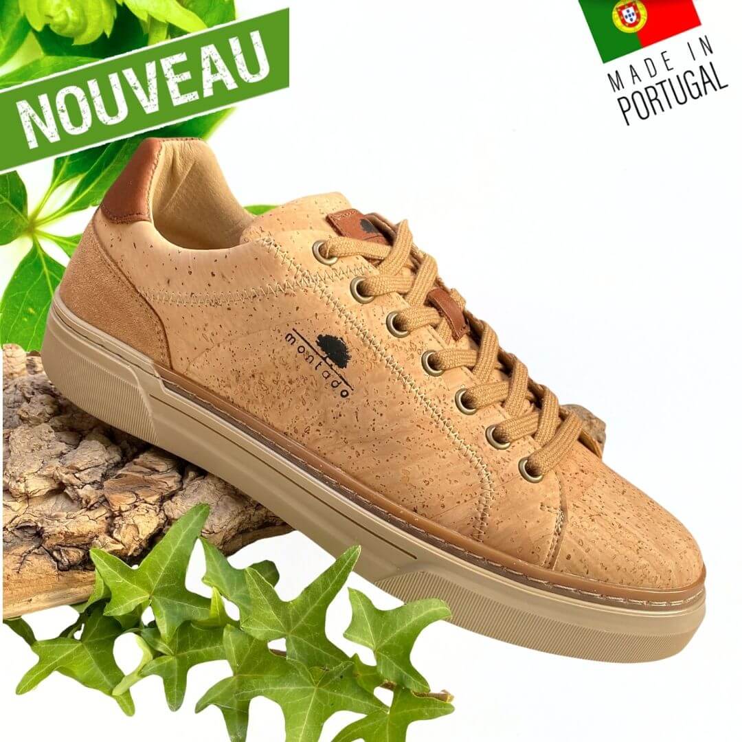 Vue de profil rapprochée de la sneaker Porto montrant le logo Montado et les détails de couture sur liège naturel