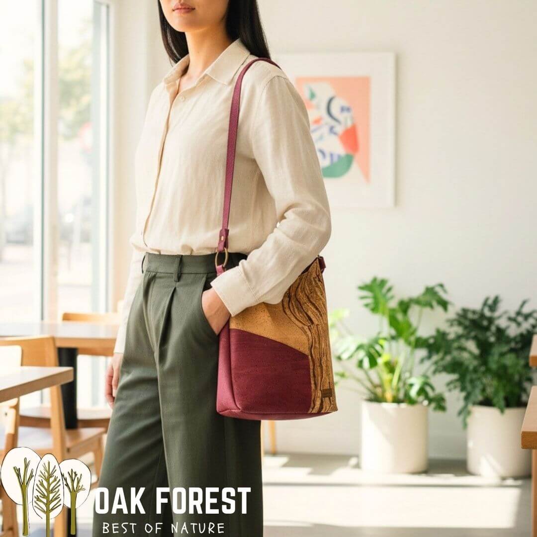 Femme portant le Sac épaule en liège patchwork bordeaux, naturel et écorce veinée — modèle Vendange 