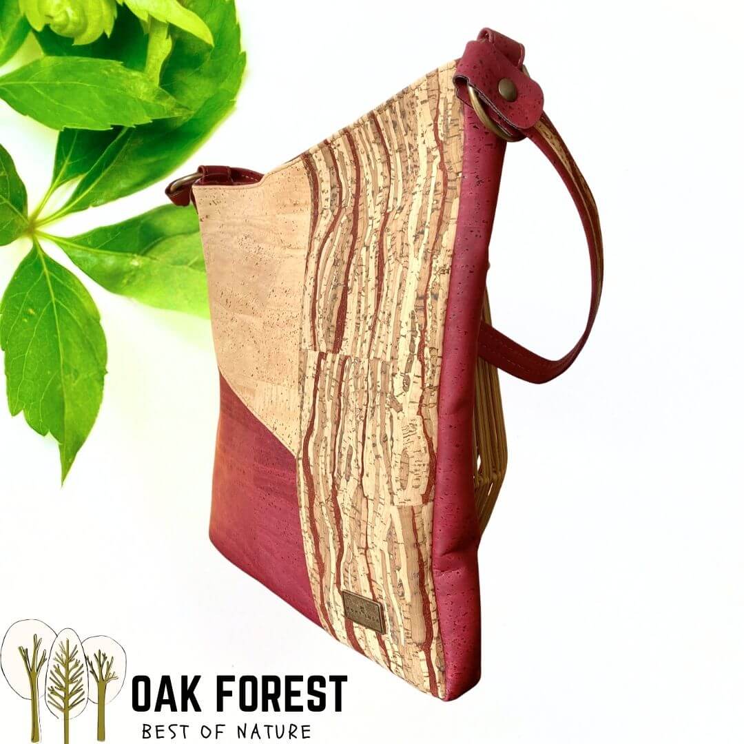 Sac épaule en liège patchwork bordeaux, naturel et écorce veinée — modèle Vendange vue de cote
