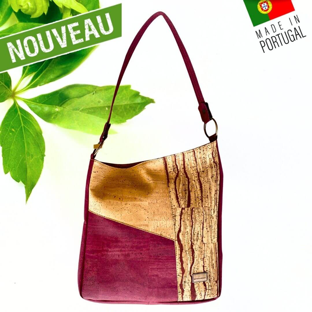 Sac épaule en liège patchwork bordeaux, naturel et écorce veinée — modèle Vendange vue de face