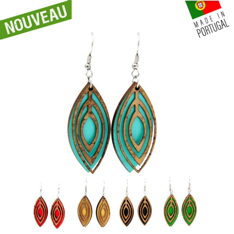 Boucles d'oreilles en liège & bois de liège "Feuille Inca"