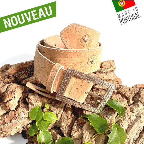 ceinture vegan femme - ceinture liège Portugal - ceinture artisanale liege - ceinture naturelle femme - ceinture bois femme - ceinture été femme - ceinture claire pour femme - idée cadeaux - ceinture fleurs femme - ceinture flower femme vegan - ceinture cuir végétal - ceinture en cuir de liege