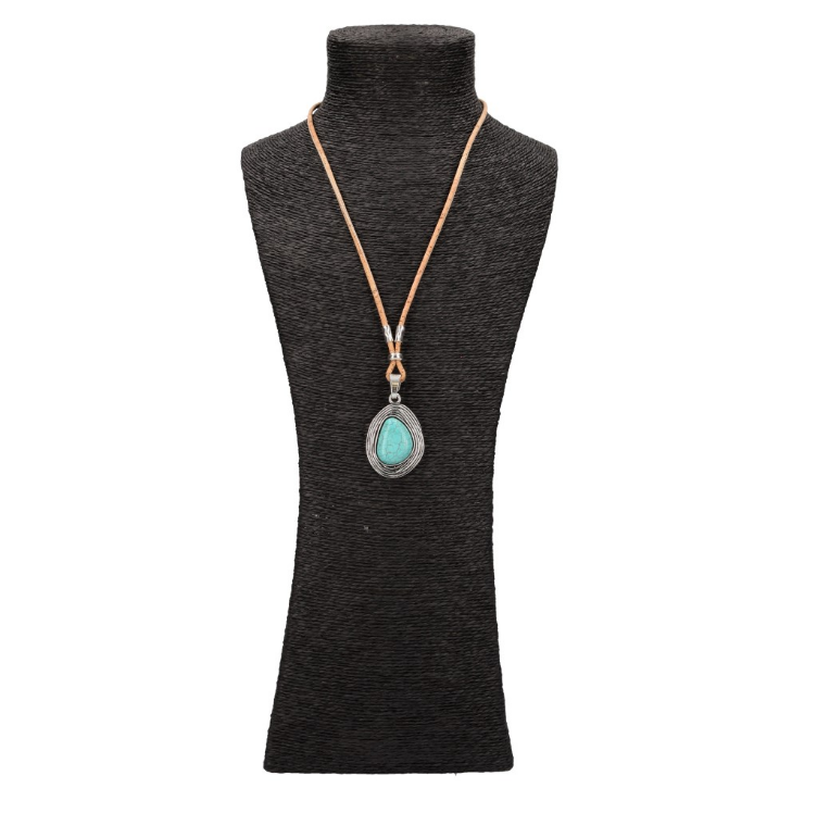 collier en liege pierre bleue - collier fantaisie vegan portugal - collier pas cher en liège - collier cuir vegan - idée cadeau fête des mères - collier pierre turquoise - collier grade longueur femme - collier femme turquoise - collier liege portugal - bijoux en liège - bijoux vegan femme - bijoux artisanal liege