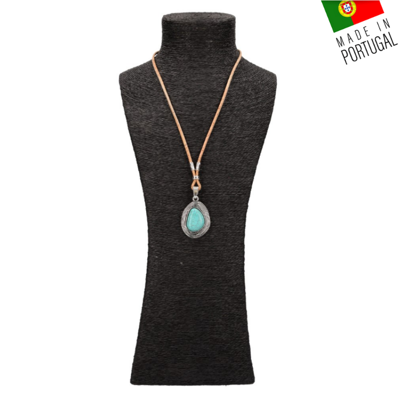 collier en liege pierre bleue - collier fantaisie vegan portugal - collier pas cher en liège - collier cuir vegan - idée cadeau fête des mères - collier pierre turquoise - collier grade longueur femme - collier femme turquoise - collier liege portugal - bijoux en liège - bijoux vegan femme - bijoux artisanal liege