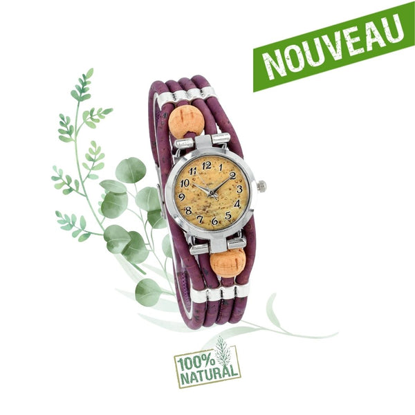 montre violette femme - montre vengan en liege - montre artisanale femme en liege - montre bracelet bijoux pour femme - montre portugal - fête des mères
