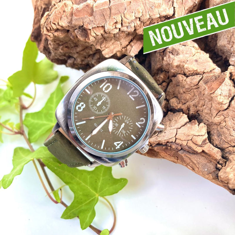 montre homme vegan liege - montre homme kaki - montre made in France - idée cadeau homme - montre vintage vegan - montre alu brossé - montre pas cher - fêtes des pères - made in portugal - montre naturelle - montre éthique - montre eco-responsable